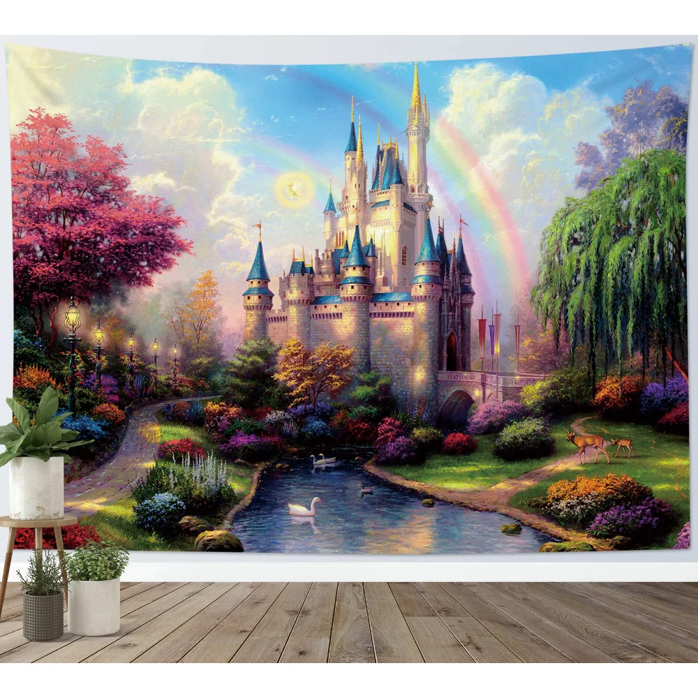 

Castle Tapestry Tree and River In Fantasy Forest Wall Hanging Fairy Tale Tapestries for Kids Bedroom Living Room Dorm Wall Decor