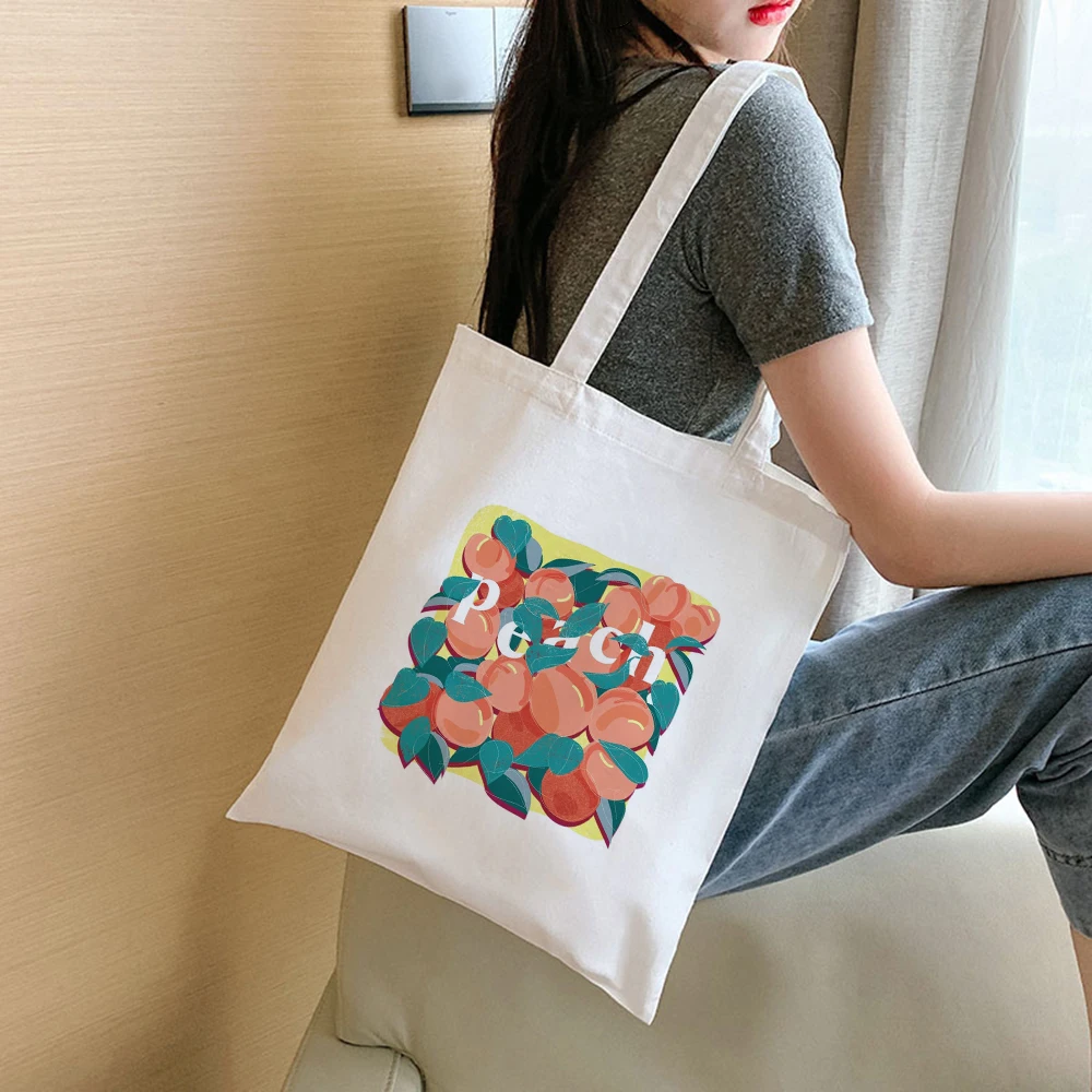 

Fashion Women Shopping Bag Peach Milk Strawberry Aesthetic Print Student Book Canvas Bags Reusable Shopper Japanese Kawaii Eco