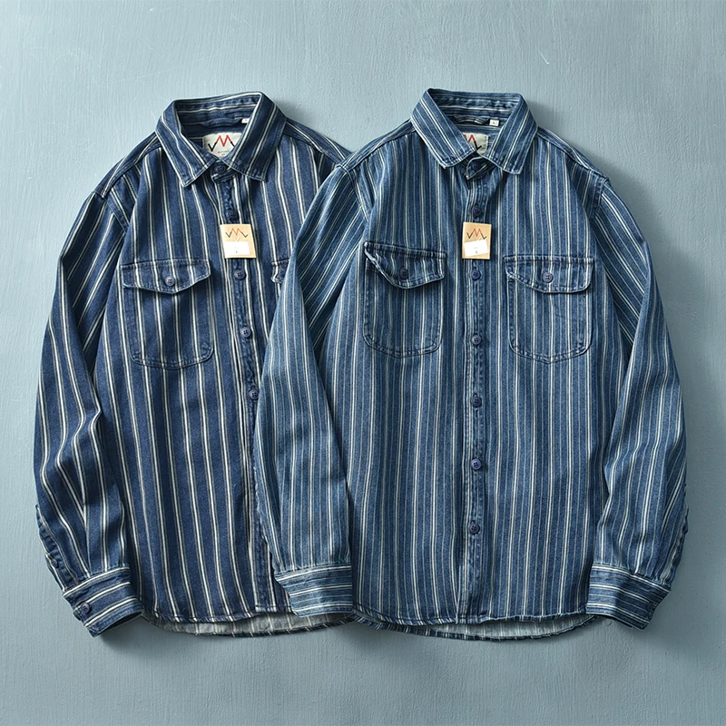 Spring and autumn new tide men's long-sleeved striped retro washed nostalgia loose blue denim shirt coat
Spring and autumn new tide men's long-sleeved striped retro washed nostalgia loose blue denim shirt coat