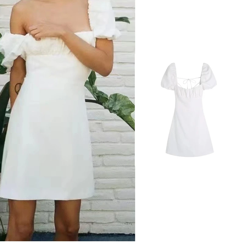 Женское платье с квадратным вырезом Za, белое льняное мини-платье с пышными рукавами, приталенное платье с открытой спиной для вечеринки, 2022 
Женское платье с квадратным вырезом Za, белое льняное мини-платье с пышными рукавами, приталенное платье с открытой спиной для вечеринки, 2022