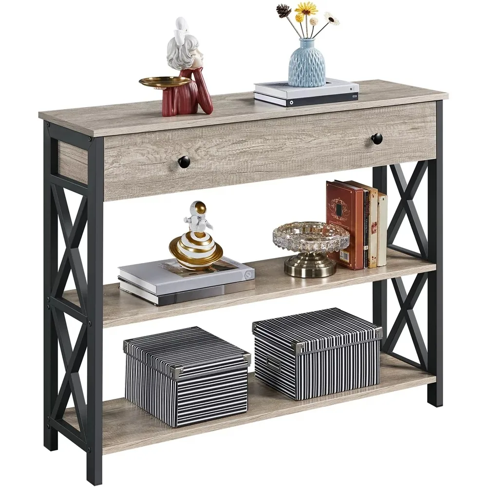 

Wooden Console Table Entry Hallway Table with 1 Drawer and 2 Open Shelves, Gray