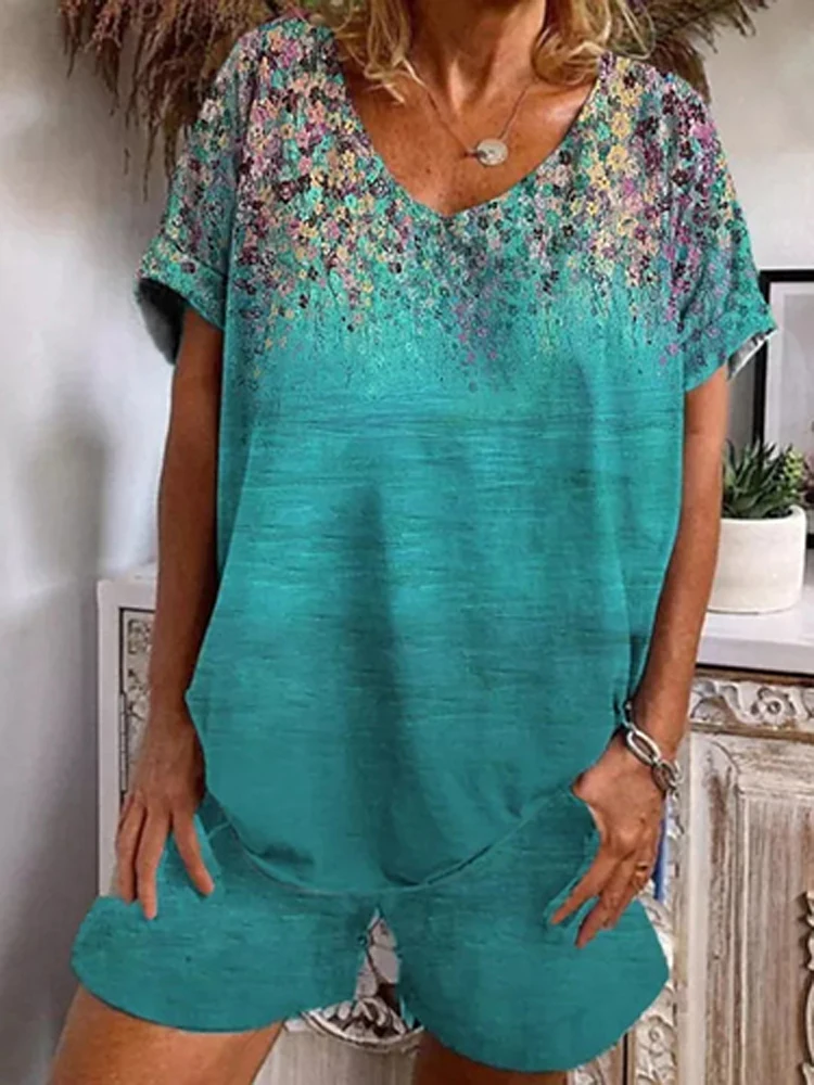 Women Fashion Floral Print Homewear Suit Spring V Neck Irregular T-shirts&Pocket Shorts Suit Summer Short Sleeve Loose 2pcs Sets
Women Fashion Floral Print Homewear Suit Spring V Neck Irregular T-shirts&Pocket Shorts Suit Summer Short Sleeve Loose 2pcs Sets