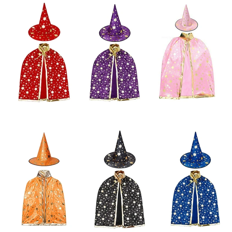 

F42F Pack of 2 Halloween Witch Hat + Cape Kids Fashionable Felt Halloween Party Hat Festival Carnival Party Cosplay Hat