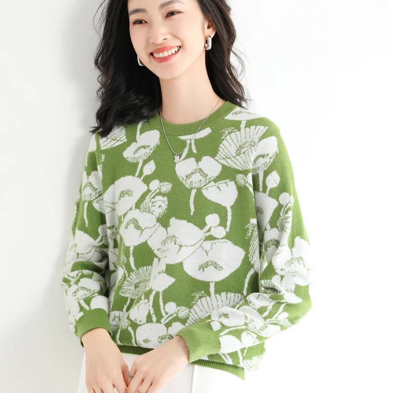 Autumn and Winter New Women Sweater Lotus Pattern Cashmere Wool Pullover Knit Casual Round Neck Elegant Sweater Bottoming
Autumn and Winter New Women Sweater Lotus Pattern Cashmere Wool Pullover Knit Casual Round Neck Elegant Sweater Bottoming