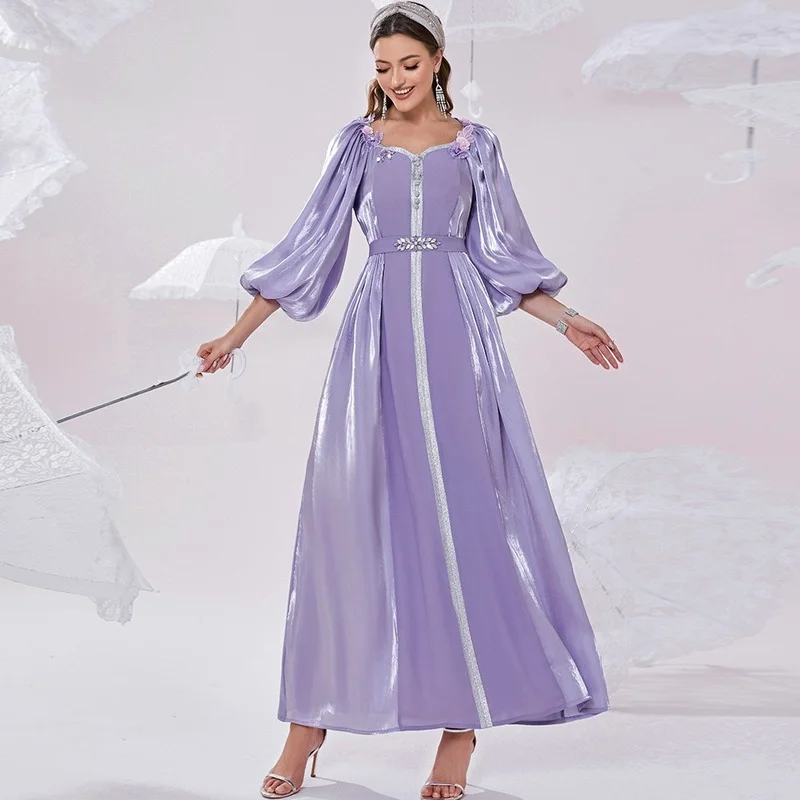 

Floral Guipure Lace Insert Rhinestone Trim Belted Dress Lilac Butterfly Puff Sleeve Party Glitter Dress Abayas For Women 2022
