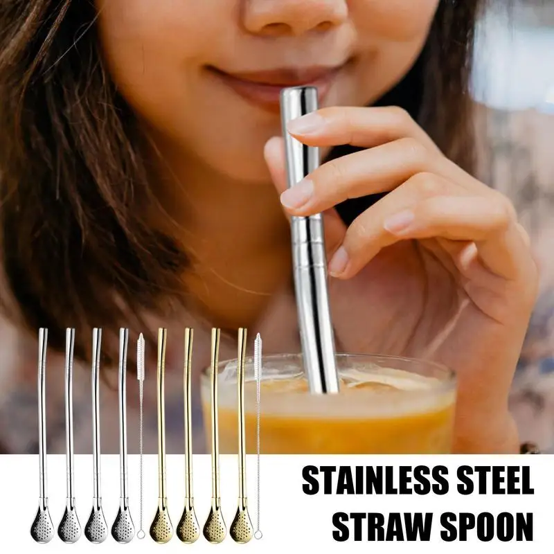 

4Pcs Yerba Mate Straw Spoon With Brush Removable Bombilla Gourd Drinking Filter Straws Coffee Filter Straw With Cleaning Brush