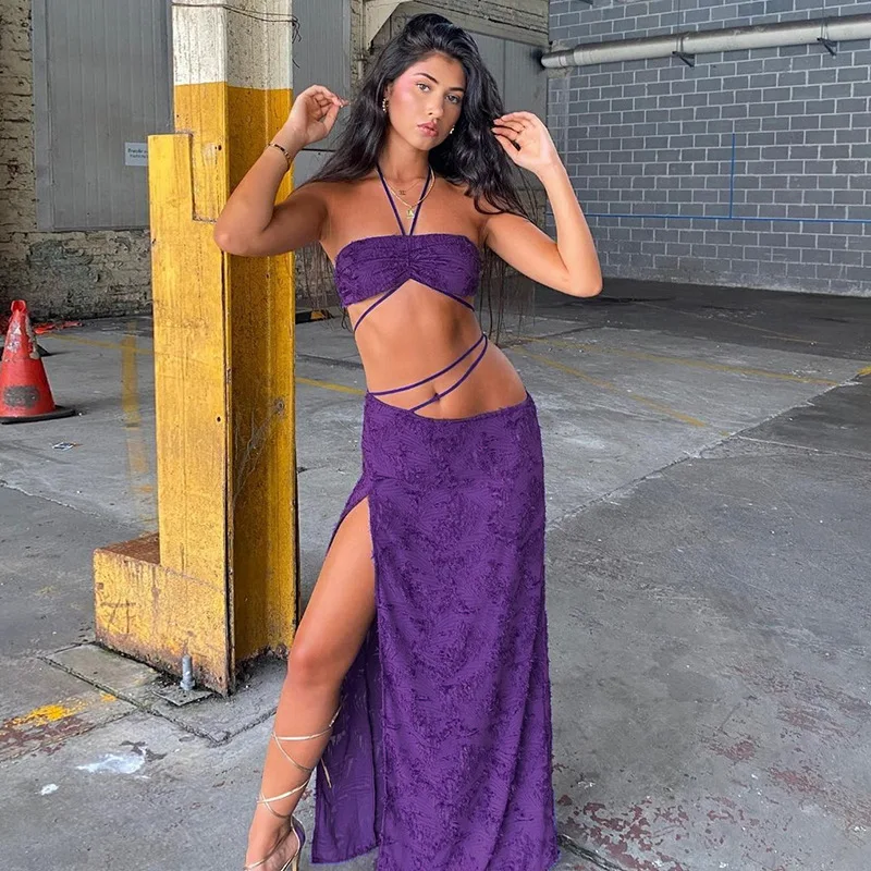 Purple 2022 Women Spring Summer Halter Backless Bandage Cross Slit Long Dress Sets Sexy Street Party Boho Club Outfits
Purple 2022 Women Spring Summer Halter Backless Bandage Cross Slit Long Dress Sets Sexy Street Party Boho Club Outfits