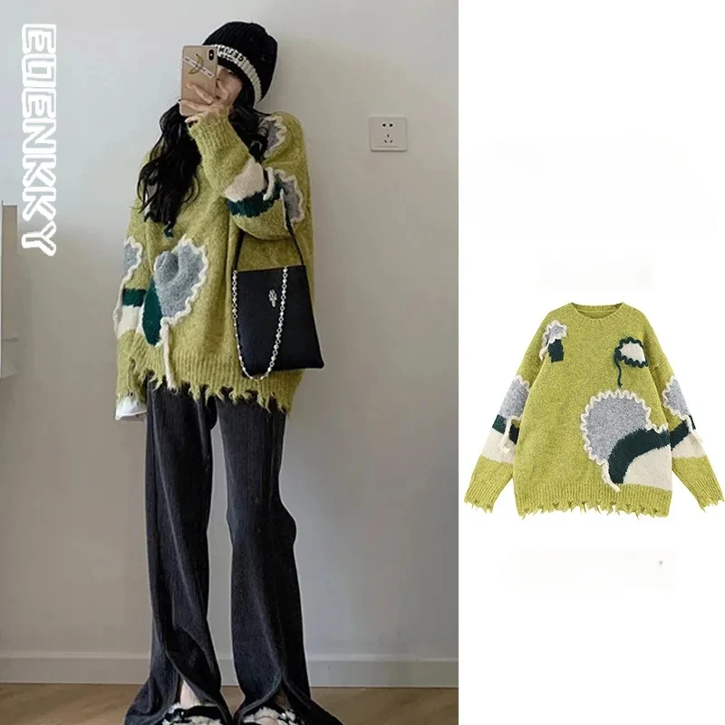 Color Block Kniting Sweater Women Loose Tassels Warm Pullovers Female Autumn Winter Japanese Hop Hip Retro Green Jumpers 2023 
Color Block Kniting Sweater Women Loose Tassels Warm Pullovers Female Autumn Winter Japanese Hop Hip Retro Green Jumpers 2023