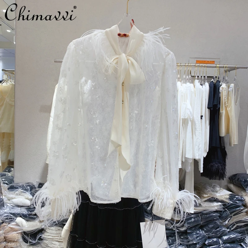2022 Spring Fall New French Fashion Elegant Mesh Sequins Feather Patchwork Shirt Women Stand-up Collar Lace-up Bow Fairy Blusas
2022 Spring Fall New French Fashion Elegant Mesh Sequins Feather Patchwork Shirt Women Stand-up Collar Lace-up Bow Fairy Blusas