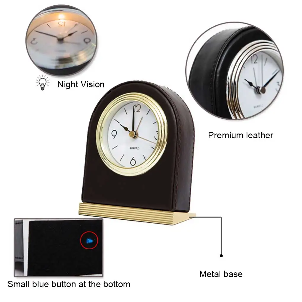 Leather Alarm Clock Mute Alarms Hotel Desktop with Light Metal Base Battery Powered Quartz Home Decor for Bedroom
Leather Alarm Clock Mute Alarms Hotel Desktop with Light Metal Base Battery Powered Quartz Home Decor for Bedroom