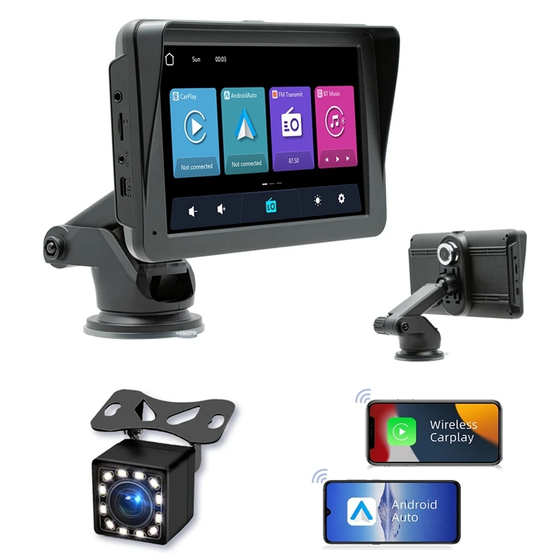 

7-дюймовый автомобильный радиоприемник с видеорегистратором, крепление для приборной панели Carplay и Android Auto, автомобильная стереосистема Bluetooth, Mirror Link, FM, прочная камера заднего вида