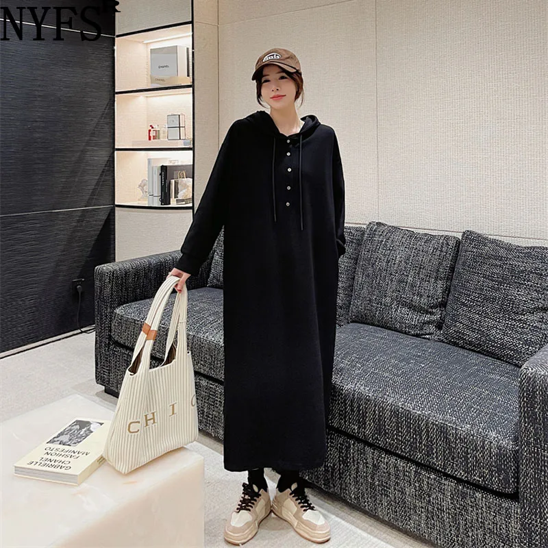 Женское платье с капюшоном и бусинами NYFS, Хлопковое платье в Корейском стиле на пуговицах, Осень-зима 2023 
Женское платье с капюшоном и бусинами NYFS, Хлопковое платье в Корейском стиле на пуговицах, Осень-зима 2023