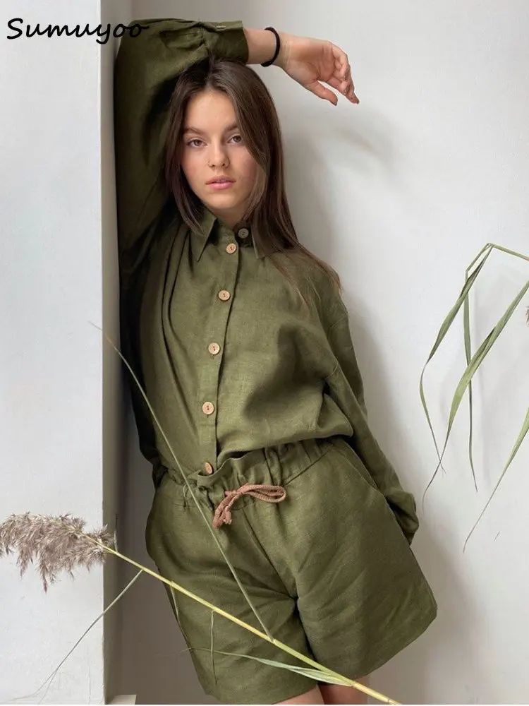 Sumuyoo Summer Cotton Linen Vacation Outfits Woman Casual Lapel Shirt 2 Pieces Set High Wasit Shorts Loose Green Suits
Sumuyoo Summer Cotton Linen Vacation Outfits Woman Casual Lapel Shirt 2 Pieces Set High Wasit Shorts Loose Green Suits