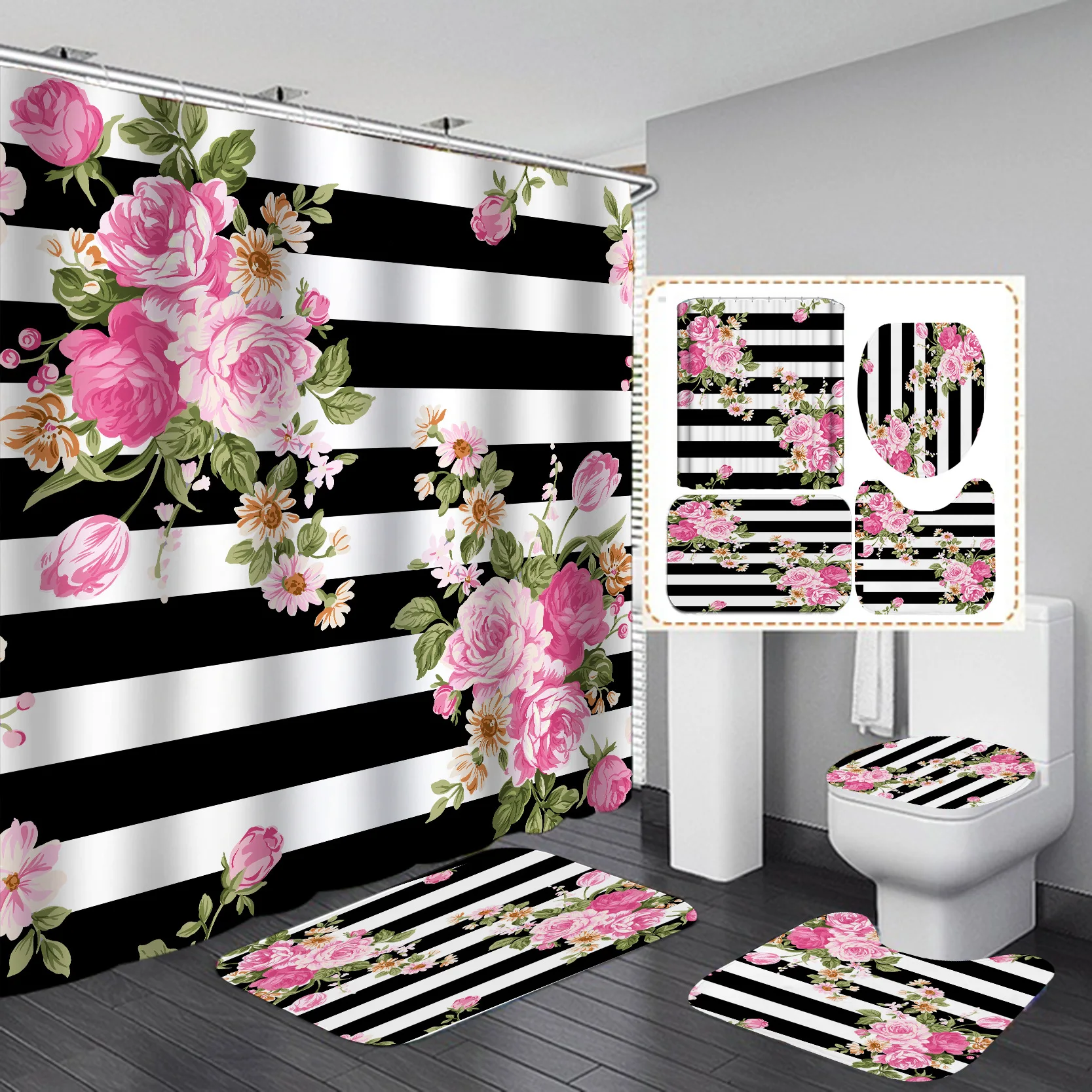 Pink Flowers Shower Curtain Bathroom Curtains Black White Stripes Bath Carpet Anti-slip Mats Doormats Toilet Rugs 4 pieces Set
Pink Flowers Shower Curtain Bathroom Curtains Black White Stripes Bath Carpet Anti-slip Mats Doormats Toilet Rugs 4 pieces Set