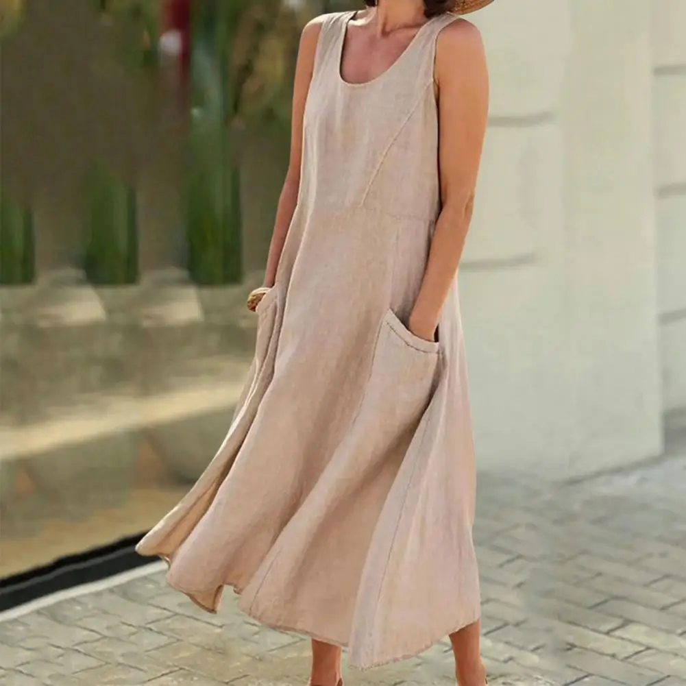

Женское летнее платье с глубоким V-образным вырезом, однотонное свободное платье без рукавов с большим подолом, пляжное макси-платье на бретелях с карманами, женская одежда