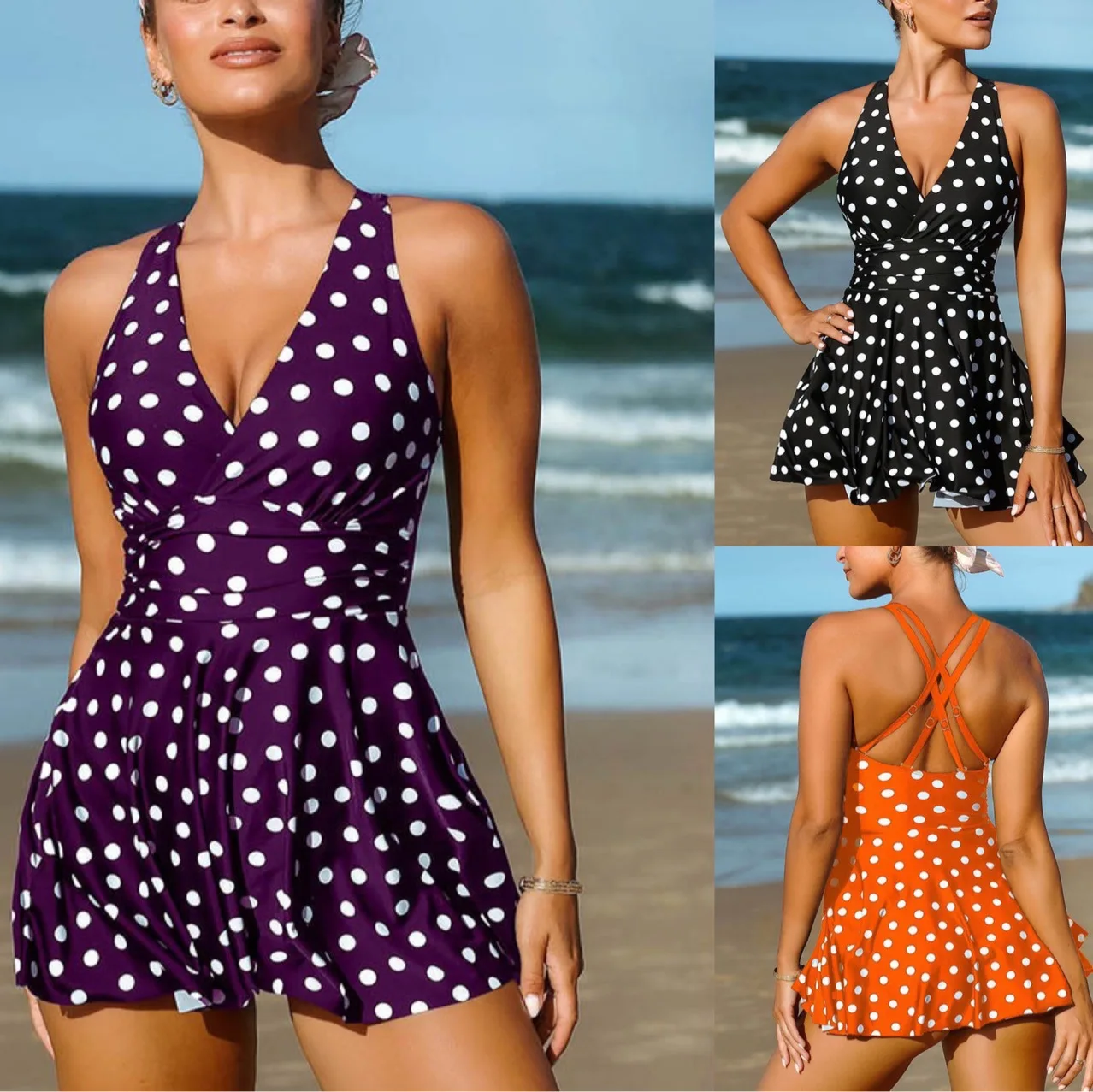 

S-5XL Plus Size Tankini Swimsuits New Polka Dot Solid Print Swimwear Sexy Beachwear Backless Cross Belt Two Piece Bathing Suit