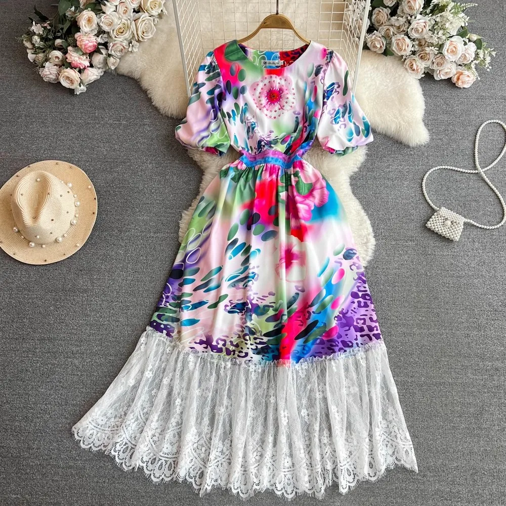 Women Summer Dress Runway Fashion Short Puff Sleeve Multicolor Flower Print Lace Patchwork Elegant Long Party Vestidos N8472
Women Summer Dress Runway Fashion Short Puff Sleeve Multicolor Flower Print Lace Patchwork Elegant Long Party Vestidos N8472
