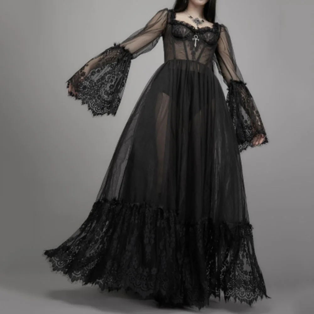 Rosetic Gothic Black Sheer Long Dress Women Vintage Lace Transparent Punk Goth Long Sleeve Maxi Dress Sexy Night Club Clothes
Rosetic Gothic Black Sheer Long Dress Women Vintage Lace Transparent Punk Goth Long Sleeve Maxi Dress Sexy Night Club Clothes