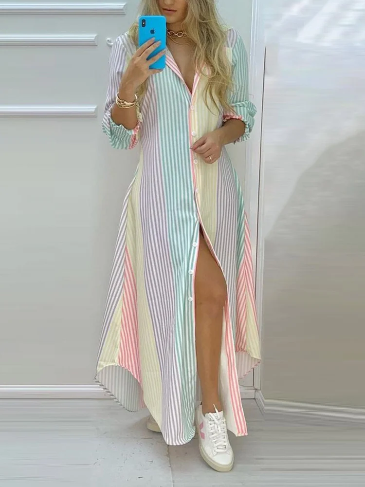

Женское длинное платье-рубашка с цветным принтом в полоску, пуговицами спереди и высоким разрезом, 2023