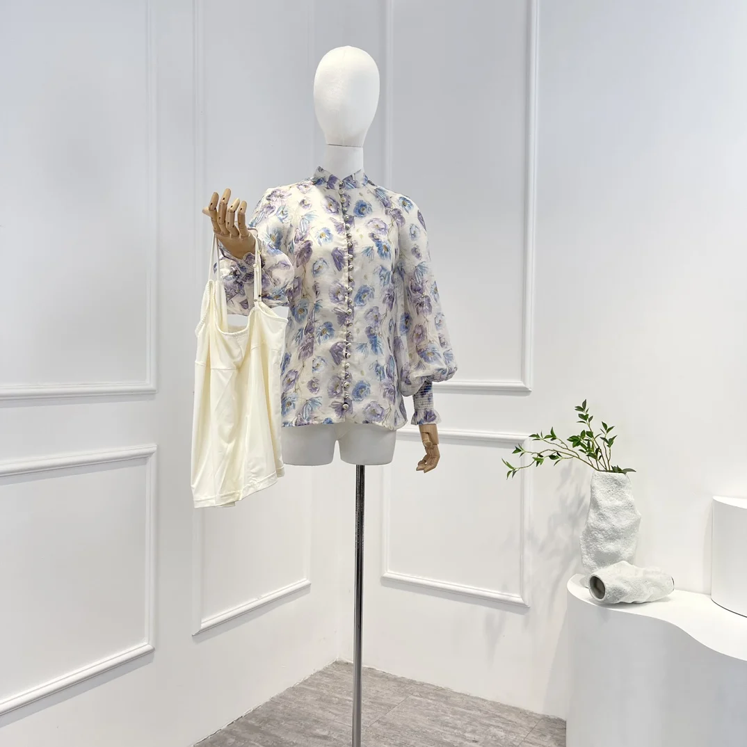 

Женский комплект из блузки и юбки, голубая и фиолетовая шелковая льняная блузка с цветочным принтом, подходящий комплект с мини-юбкой, весна 2023