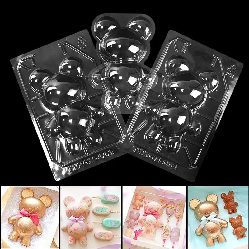 

3Pcs 3D Bear Cake Mold Fondant Cake Jelly Dome Mousse Large Size PET Chocolate Mold Birthday Party Cake Topper Decoration Tools