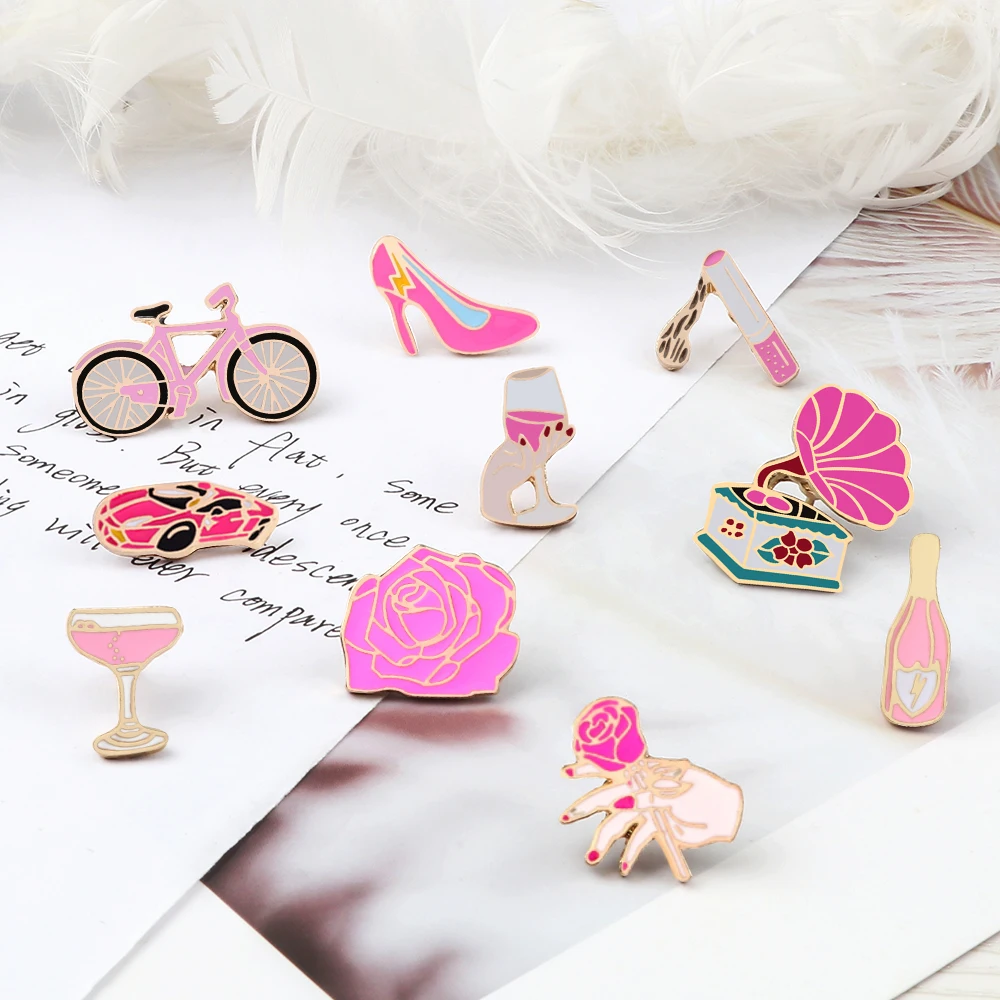 Women Pink Rose Enamel Pins Brooches Champagne Wine Glass Cigarette Vintage Record Player Cute Bike Badges Jewelry for Girl Kids
Women Pink Rose Enamel Pins Brooches Champagne Wine Glass Cigarette Vintage Record Player Cute Bike Badges Jewelry for Girl Kids