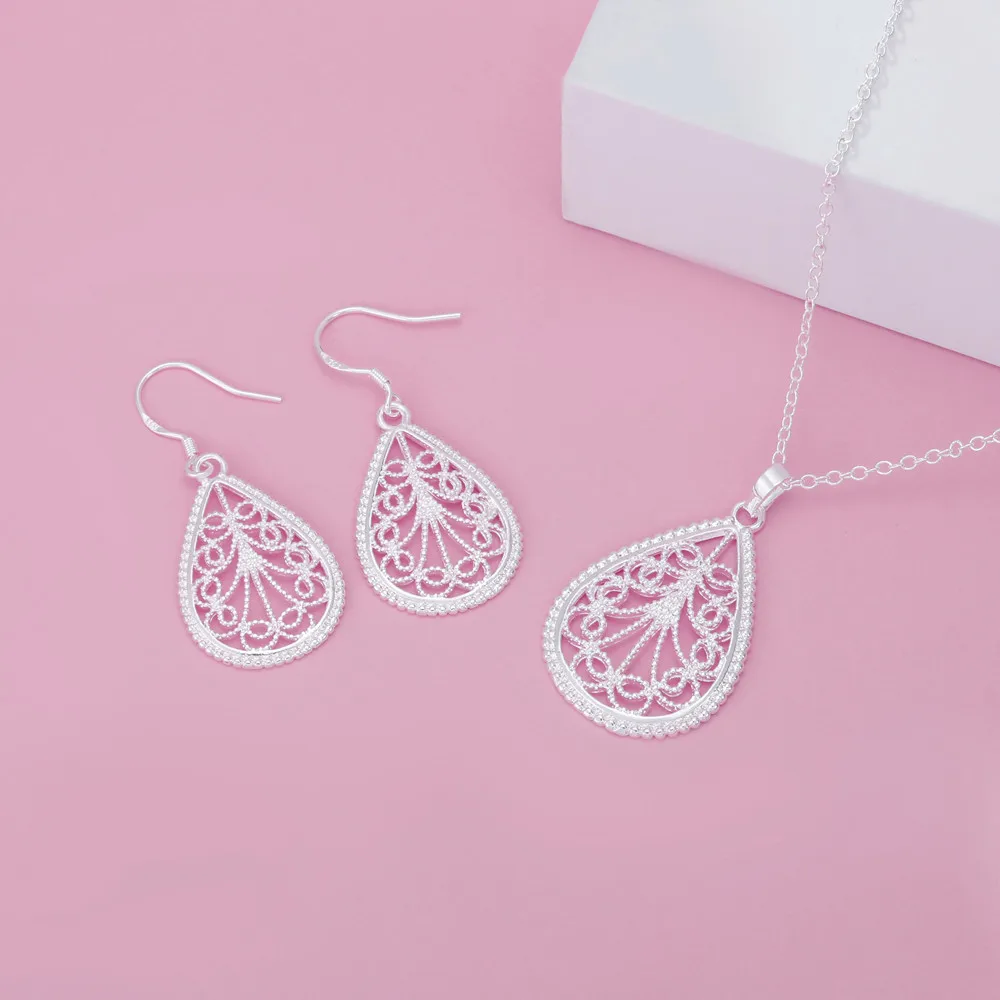 Luxury 925 sterling silver romantic water drop pattern Pendant Necklace earring For Women fashion party wedding Jewelry set gift
Luxury 925 sterling silver romantic water drop pattern Pendant Necklace earring For Women fashion party wedding Jewelry set gift