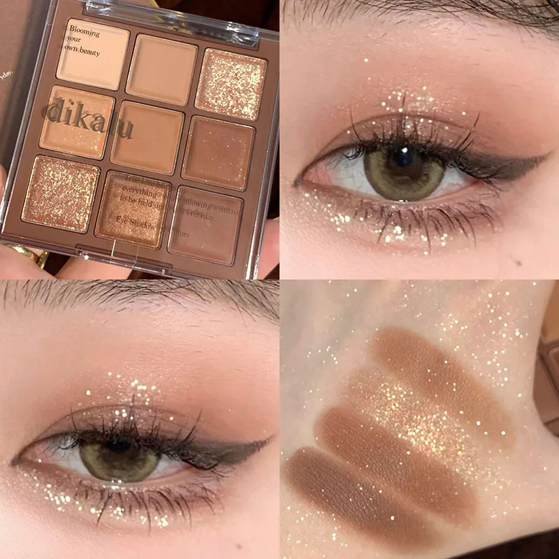 

9 Colors Caramel Brown Eye Shadow Palette Pearly Matte Earth Color Eyeshadow Pallete Shiny Sequins Eye Pigments Lasting Makeup