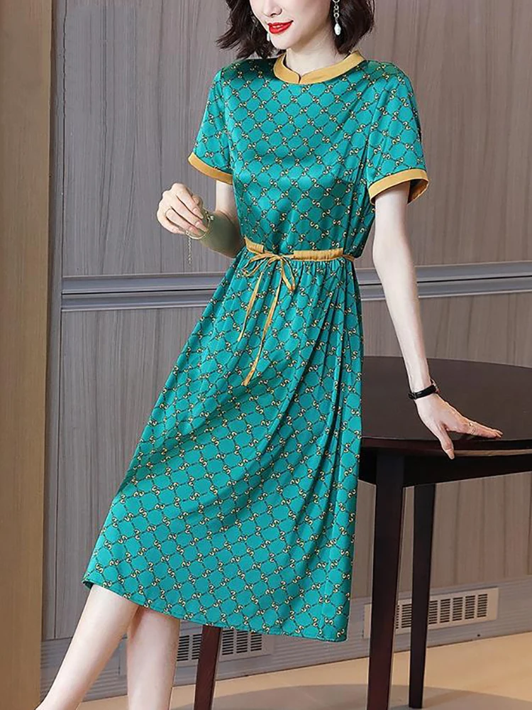

Зеленое Шелковое атласное платье средней длины в клетку с коротким рукавом, 2023, женское винтажное роскошное платье в Корейском стиле, летни...