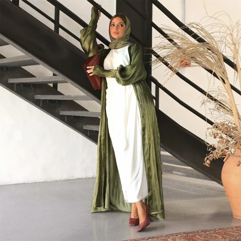 

Turkish Gowns For Women Dubai Arabian Dress Army Green Silk Satin Cardigan Robe Mushroom Button Sleeves Muslim Outwear