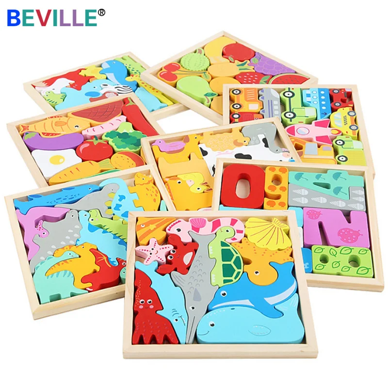 

Montessori Wooden Cartoon 3D Jigsaw Puzzle Baby Hand Grasp Board Fruit Vegetable Animal Toys Early Learning Educational Games