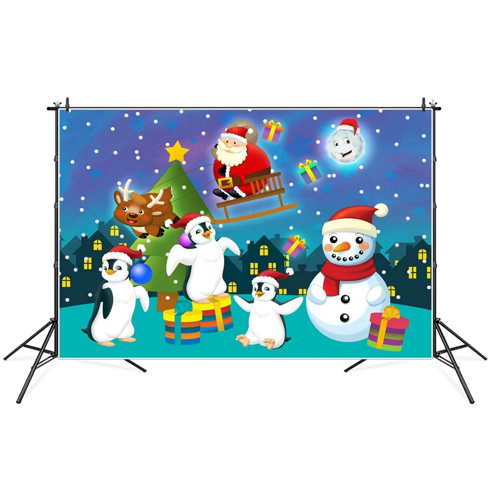 

Christmas Father Reindeer Sleigh Snowman Penguin Photography Backgrounds Custom New Year Party Decoration Photo Booth Backdrops