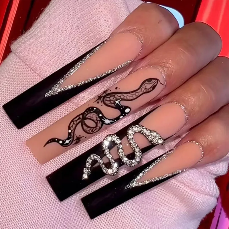 

24Pcs Finished False Nails with Snake Shape Rhinestone Long Ballet Fake Nail with French Design Wearable Coffin Press on Nails