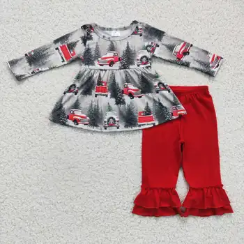 6 A19-11 girl christmas tree and truck long sleeve top match red solid color cotton ruffles pants