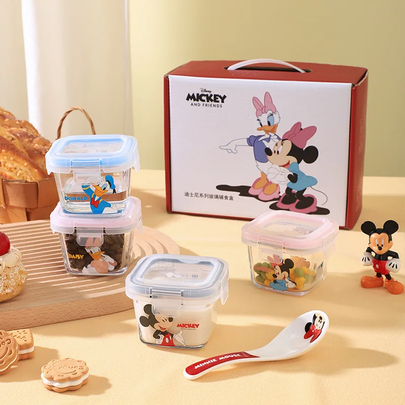 

4Pcs Disney Anime Mickey Mouse Minnie Mouse Cartoon Glass Lunch Box with Lid Square Microwave Oven Soup Box Lunch Box Gift Box