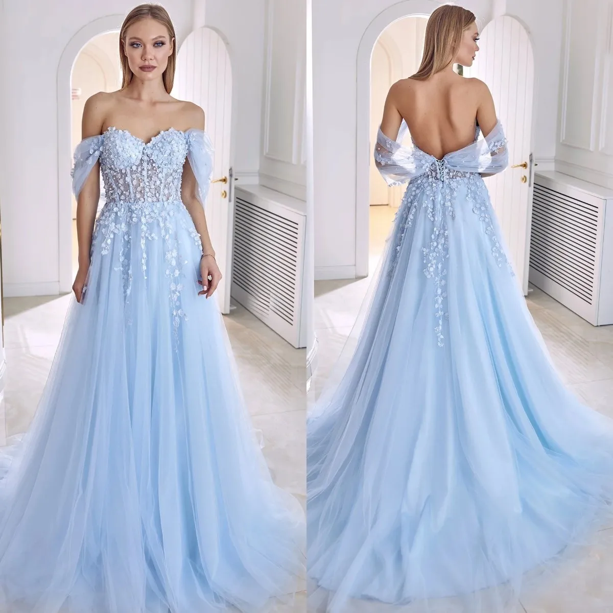 Charming Sky Blue Evening Dresses Off Shoulder Pearls Sweetheart Lace Prom Gowns Tulle Backless Graduation Party Women Dresses
Charming Sky Blue Evening Dresses Off Shoulder Pearls Sweetheart Lace Prom Gowns Tulle Backless Graduation Party Women Dresses