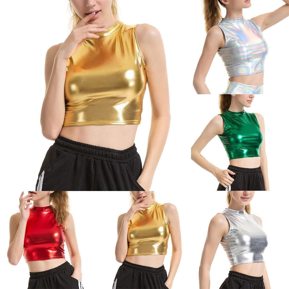 Women Shiny Patent Leather Sleeveless Turtleneck Crop Top Club Party Stage Performance Rave Costume Pole Dance Tops
Women Shiny Patent Leather Sleeveless Turtleneck Crop Top Club Party Stage Performance Rave Costume Pole Dance Tops