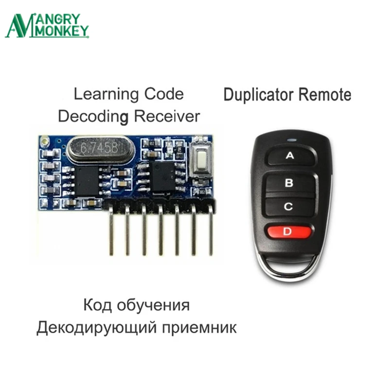 

RF Remote Control Transmitter & 433Mhz Wireless Receiver Learning Code 1527 Decoding Module 4 Channel Output With Learning Key