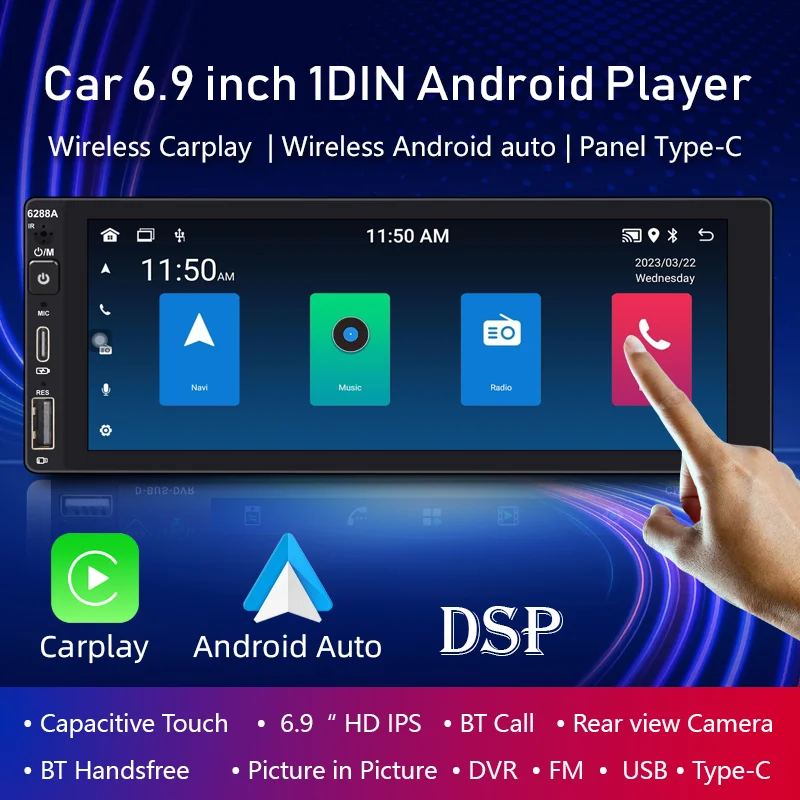 Автомагнитола 1DIN, 6,9 дюйма, сенсорный экран Android, автомобильный стерео-радиоплеер, FM, GPS-навигация, универсальная Автомагнитола
Автомагнитола 1DIN, 6,9 дюйма, сенсорный экран Android, автомобильный стерео-радиоплеер, FM, GPS-навигация, универсальная Автомагнитола