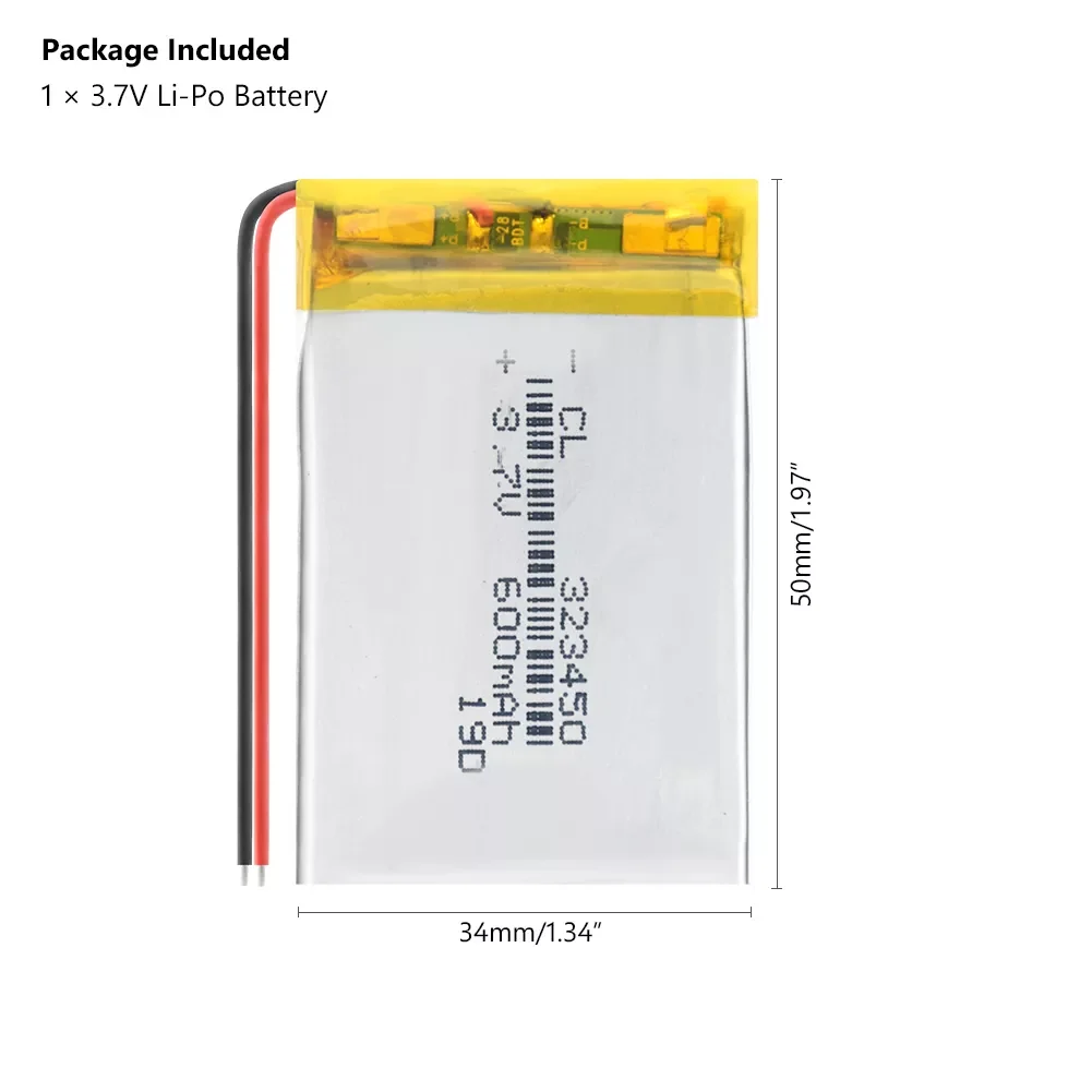 2023New Pcs 3.7 V 323450 600mAh Lithium Li Ion Polymer Battery Replacement Cells For DVR GPS Toy MP3 MP4 BT Speaker Alarm Clock
2023New Pcs 3.7 V 323450 600mAh Lithium Li Ion Polymer Battery Replacement Cells For DVR GPS Toy MP3 MP4 BT Speaker Alarm Clock