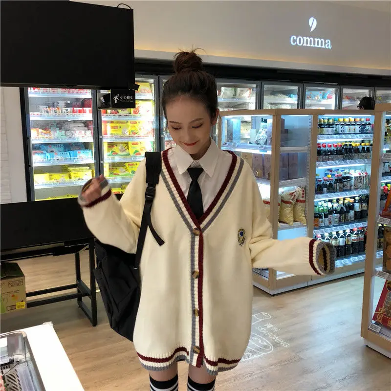 

Japanese Fashion Preppy Style V-neck Single-breasted JK Cardigans 2021 New Female Outwear Sweater Coat Japanese School Uniform