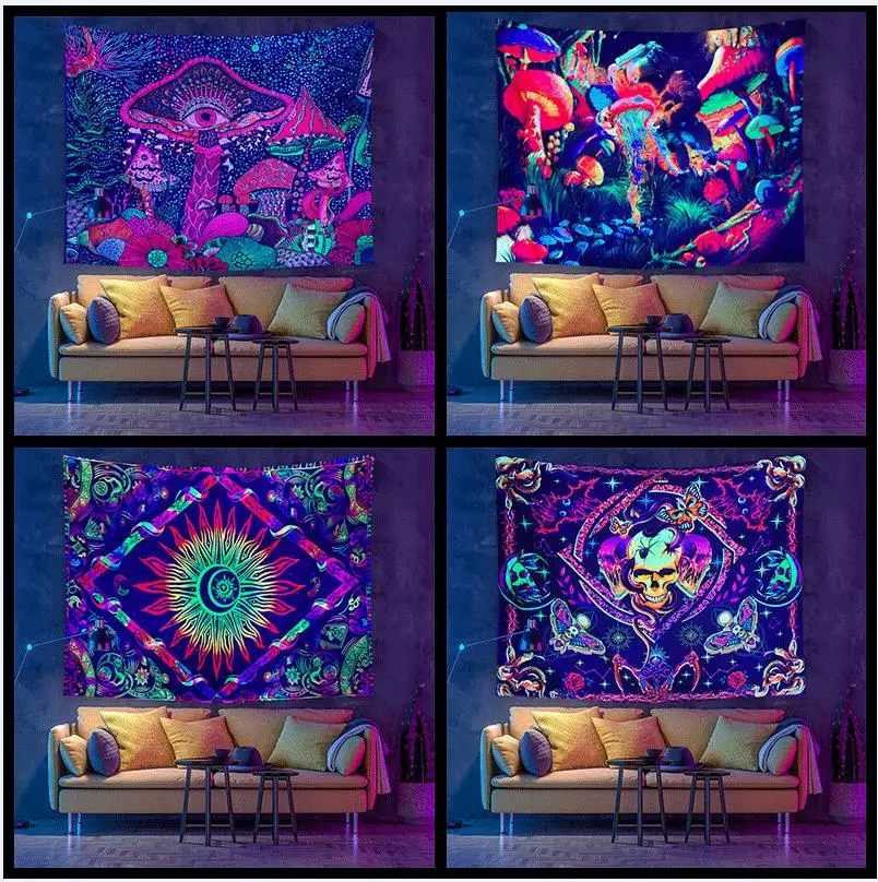 

Fluorescent Tapestry UV Psychedelic Skull Wall Hanging Hippie Tapestry For Bedroom Dorm Room Home Decor Decorative Tapestry