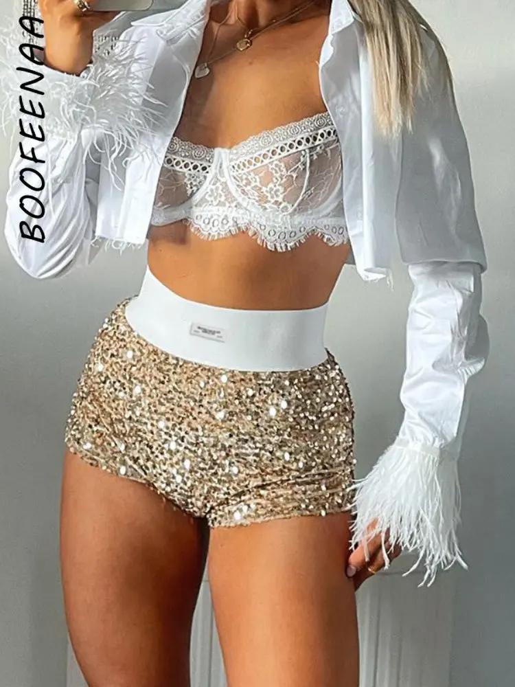 

BOOFEENAA Sparkly Sequin High Waist Booty Shorts Y2k Sexy Pants for Women Clothes Club Wear Rave Festival Outfits C66-BI13