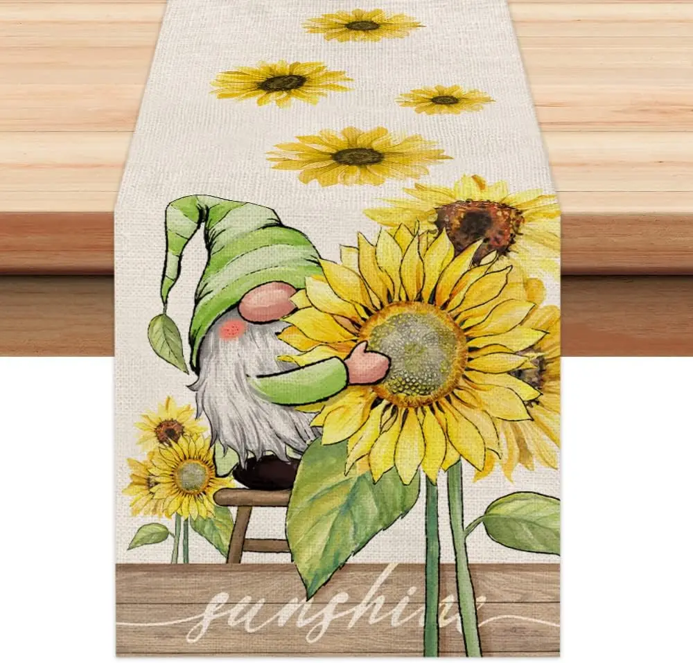 Summer Sunflower Gnomes Linen Table Runner Holiday Party Decorations Washable Dining Table Runner for Wedding Table Decor
Summer Sunflower Gnomes Linen Table Runner Holiday Party Decorations Washable Dining Table Runner for Wedding Table Decor