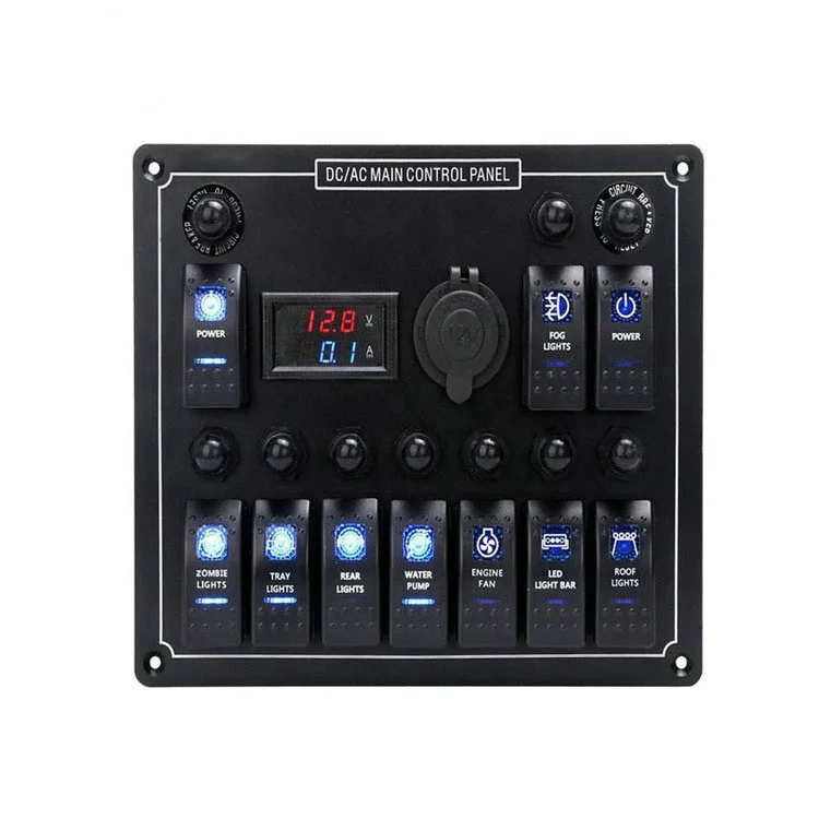 Auto Car Marine LED 10 Gang Rocker Switch Panel With 12V Power Socket Voltmeter Fuse Holder
Auto Car Marine LED 10 Gang Rocker Switch Panel With 12V Power Socket Voltmeter Fuse Holder