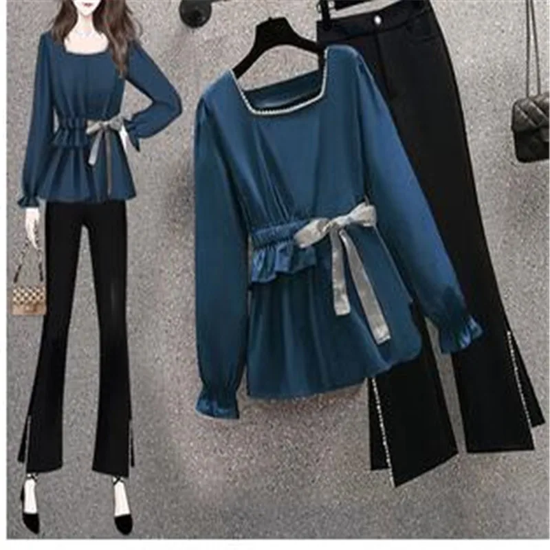 Women's Spring Fall Fashion Bowknot Shirt Flare Long Pants 1 or Two Piece Set Korean Lady Graceful Square Collar Tops Trousers 
Women's Spring Fall Fashion Bowknot Shirt Flare Long Pants 1 or Two Piece Set Korean Lady Graceful Square Collar Tops Trousers