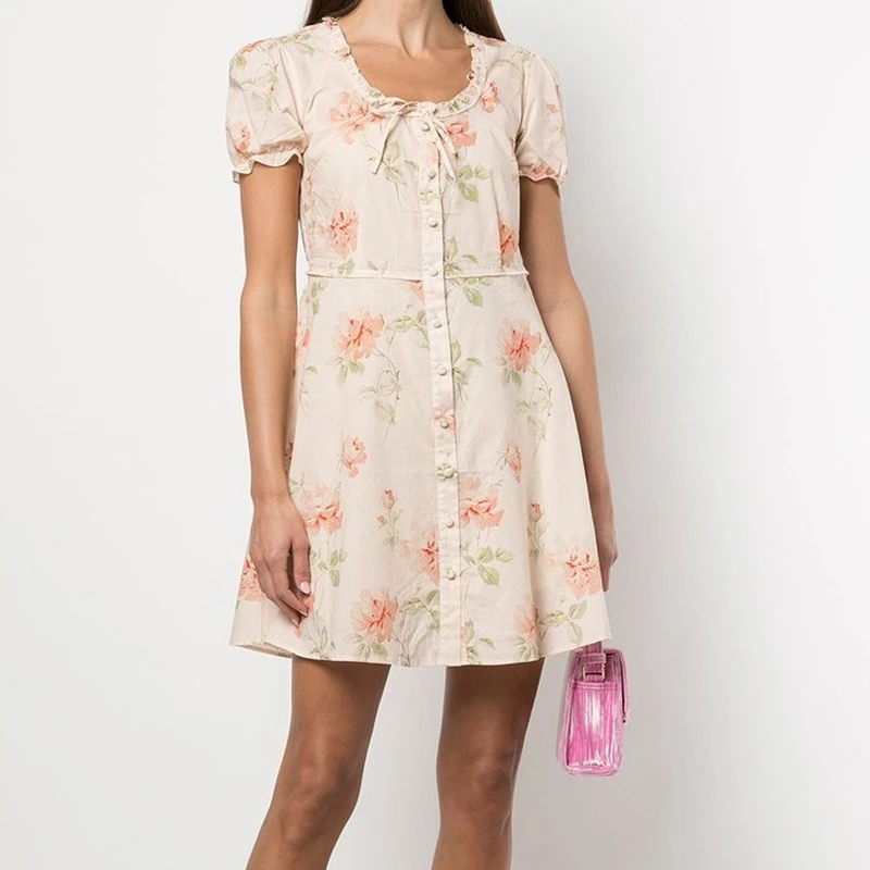 Women's flower print mini dress summer French retro puff sleeve single-breasted ruffled square collar female short robe
Women's flower print mini dress summer French retro puff sleeve single-breasted ruffled square collar female short robe