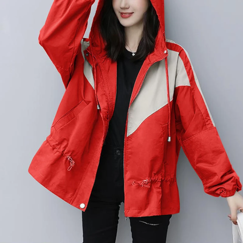 

Women Outwear 2023 Female Casual Loose Jackets Tops Slim Thin Coat Jacket Spring Korean Shorts Coats Splice Hooded Windbreakers