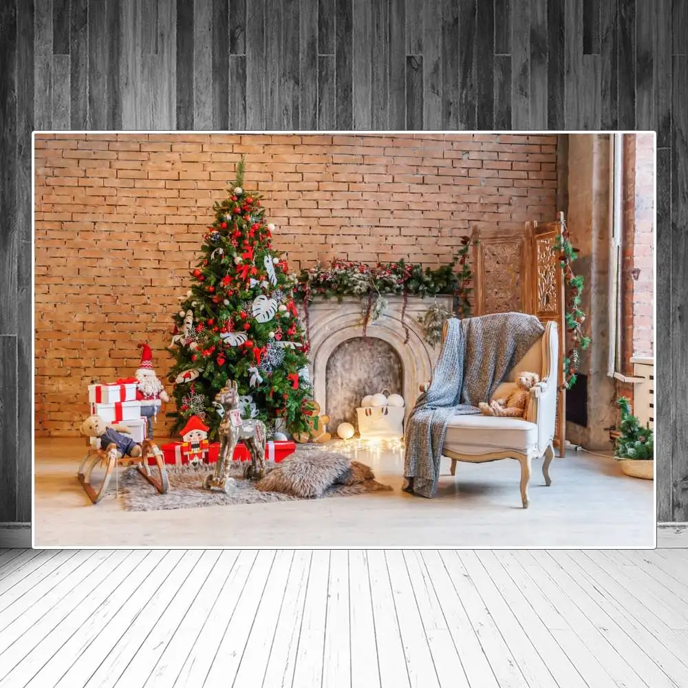 

Фон для фотосъемки с изображением рождественской елки камина подарка саней кирпичной стены комнаты