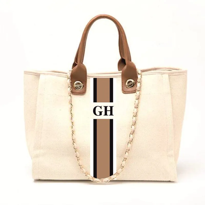 Monogram Tote Bag Canvas Beach Holiday Personalised Initials Personalized Beige Brown White Chain Handbag Stripe Initials
Monogram Tote Bag Canvas Beach Holiday Personalised Initials Personalized Beige Brown White Chain Handbag Stripe Initials
